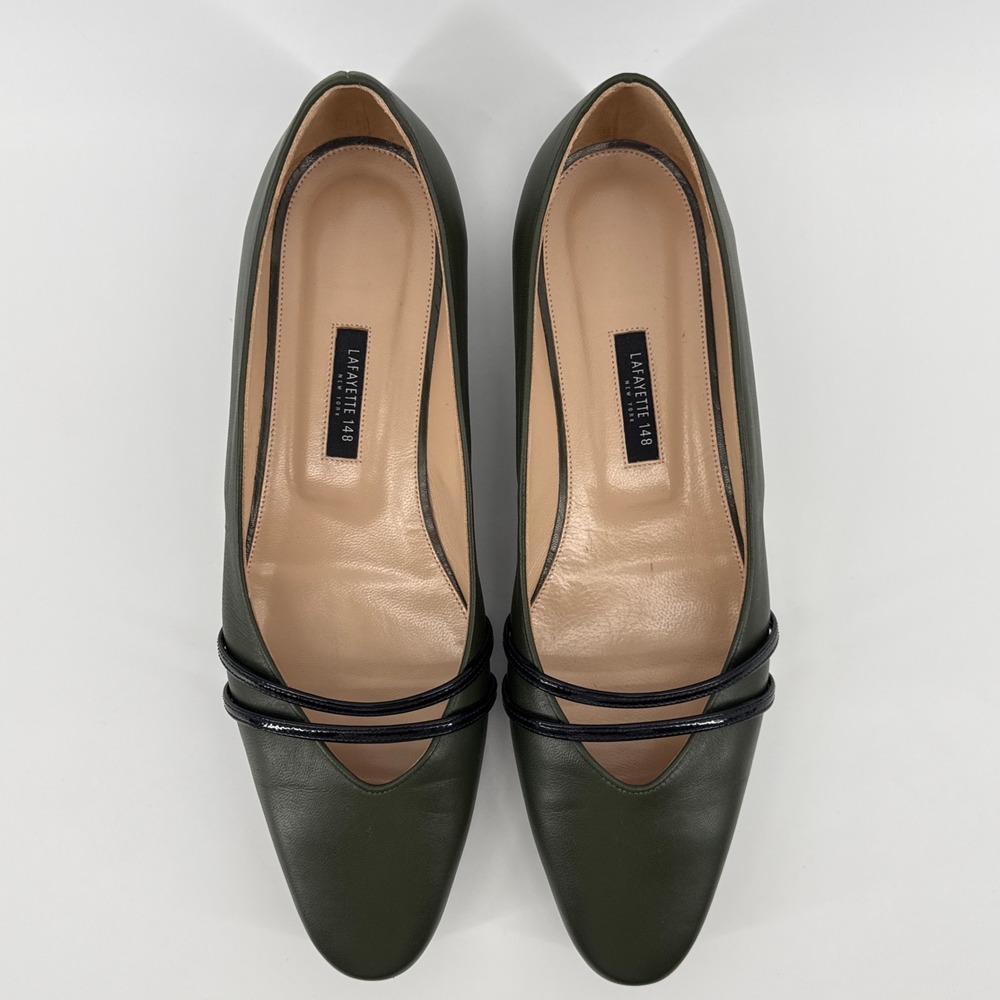 Lafayette 148 New York Kira Olive Green Leather Double Strap Flats Italy 40 - Picture 3 of 12
